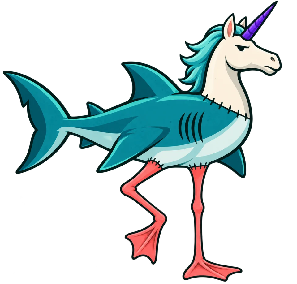 A hybrid creature: shark body, unicorn head, flamingo legs