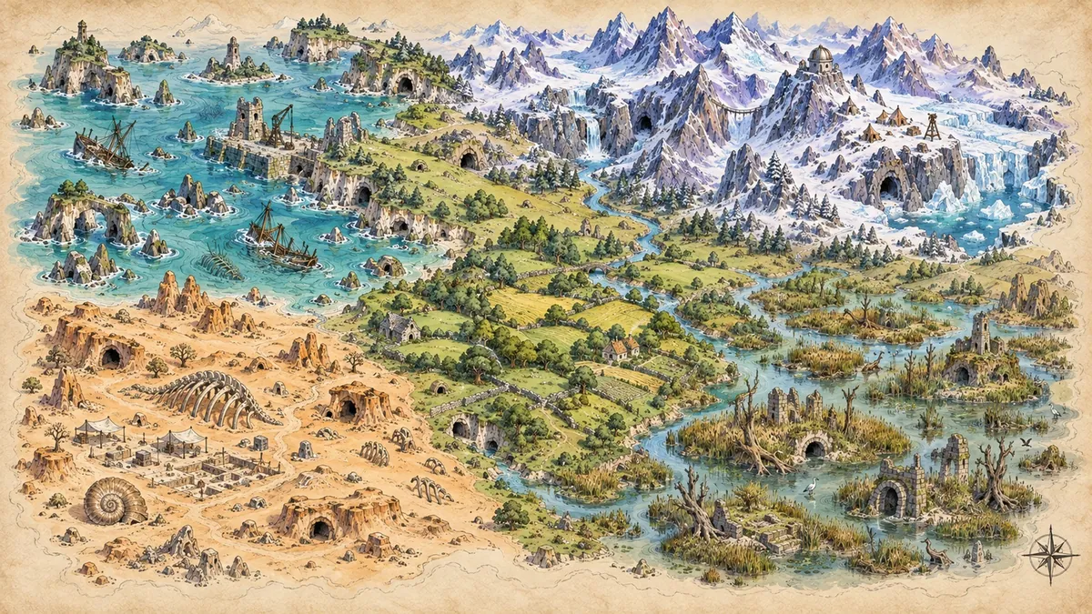 The Spellbeasts map. The middle zone is visible; the rest are hidden under cloud.